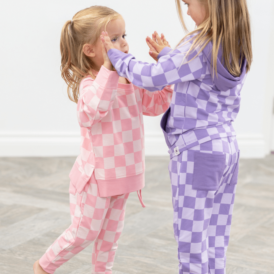 Checker Baby Pink Crew Neck Jogger Set